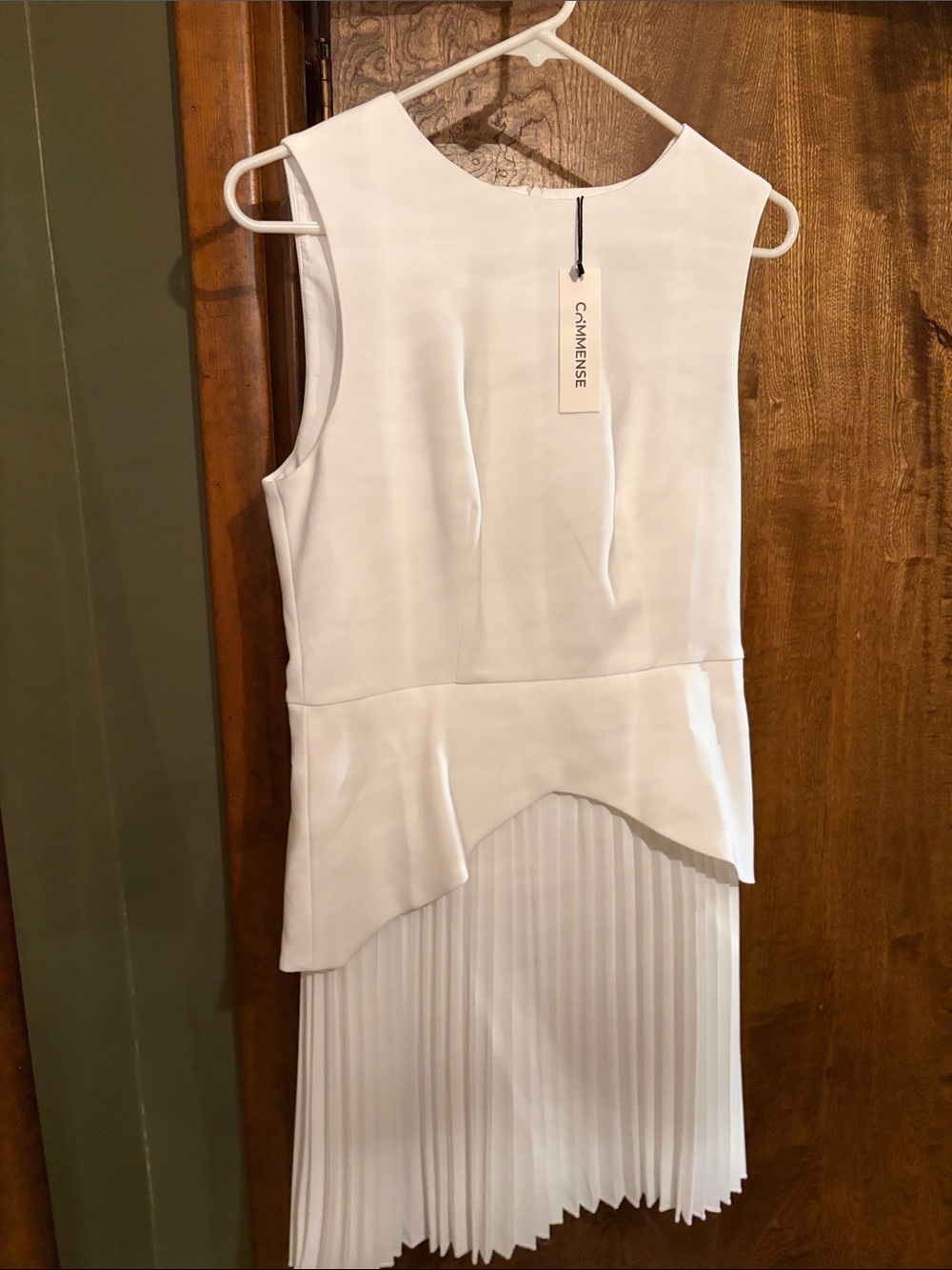 Commence White Sleeveless Asymmetrical Peplum Pleated Hem Dress